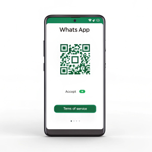 Screenshot of WhatsApp login screen. QR code and terms of service acceptance prompt.