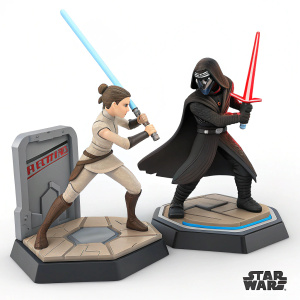 Disney Infinity 3.0 toys collection, featuring Rey and Kylo Ren from Star Wars. The toys are displayed in an action-packed scene, showcasing vibrant colors and dynamic poses within a sleek Disney Infinity-branded box, merging fantasy and adventure elements.