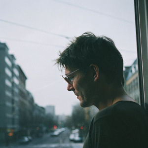 Close-up of Morten Harket, a caucasian male with short dark tousled hair, wearing a casual black t-shirt. Focused expression with blurred background of a busy city street.