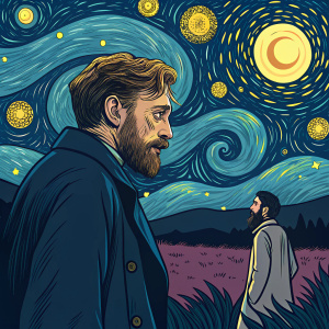Digital illustration inspired by Vincent Van Gogh's 'Starry Night'. Dark background with vibrant blues, yellows, and pinks. Depicts a scene from the movie 'Loving Vincent'.