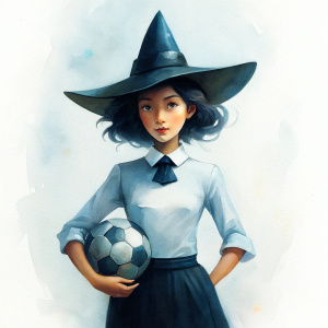 lovely 50s style preteen witch pointy hat team sports shirt jersey skirt lovingly cradles soccer ball to her chest with both arms, whistle necklace Norman Rockwell painting 