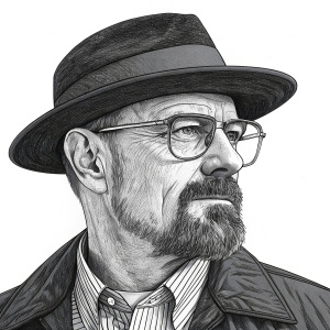 Walter White from Breaking Bad. Meticulous depiction of his iconic look: beard, glasses, and hat.
