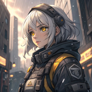 Digital illustration of an anime character from Girls' Frontline. The character, named Anti Rain, has youthful appearance, pale grayish-white hair, striking yellow eyes. Wearing a futuristic combat outfit made of dark and metallic materials.