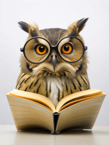 Owl wearing glasses reading a book