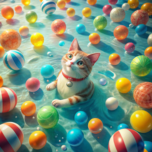 CREA LA IMAGEN DE UN GATO NADANDO EN UNA ALBERCA LLENA DE PELOTAS PLAYERAS