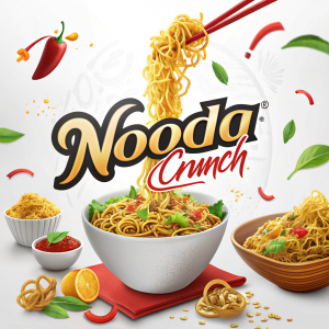Digital advertisement showcasing Nooda Crunch instant noodles. Modern, vibrant design with bold colors and dynamic shapes. Logo in sleek font, highlighting product name and appealing imagery of noodles. Focus on color and texture for engaging visuals.