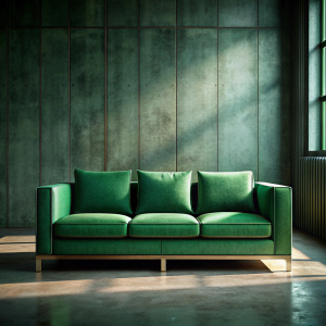 big green fabric sofa front view designed by Dieter Rams. industrial design inspiration. Unreal engine , beautiful natural liahting