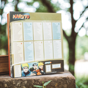 A detailed guidebook for Naruto enthusiasts. Vibrant orange background, structured table of contents, numbered sections, and character art from the anime.
