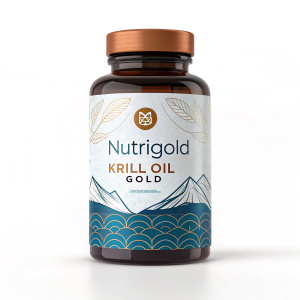 A sleek bottle of Nutrigold Krill Oil Gold supplement. Brown cap, modern label with blue and white hues, showcasing brand name and certification. Softgel form, high-absorption omega-3s, healthy lifestyle appeal.