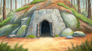 The entrances of a Cave, that is the house of some Caveman but they arent there.
