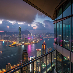 Stunning night view of Hong Kong from a skyscraper balcony. Victoria Harbor aglow with neon lights and bustling activity.