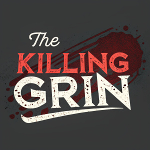 Logo design for 'The Killing Grin', featuring bold red and white text against a dark grey background.