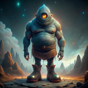 A giant with one eye on his forehead stands in huge shoes