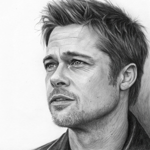 Sketch of Brad Pitt, charcoal drawing. Emphasis on face. Close-up shot. Plain background. Realistic depiction of his features.