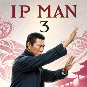 Promotional poster for 'IP Man 3'. The lead actor in a dynamic martial arts pose. Background features stylized pink and white hues with a warm glow. Accompanied by Chinese characters and traditional martial arts motifs.