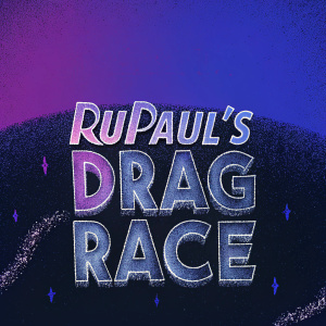 Logo for RuPaul's Drag Race. Neon colors, vibrant design.