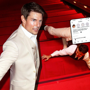 Instagram post featuring Tom Cruise. Promotional content for Mission: Impossible Fallout. The post includes a close-up of a stunt element from the film. The profile picture is also from the movie promotion.
