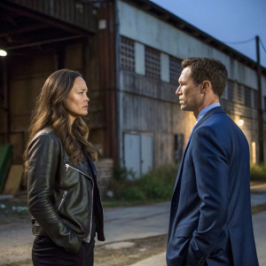 Moon Bloodgood and Jeffrey Donovan on set of a crime drama. They stand in front of an abandoned warehouse. Moon Bloodgood wears a black leather jacket, Jeffrey Donovan in a blue suit. They are deep in conversation.