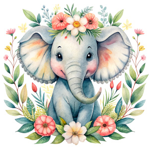 SAFARI, JUNGLE ANIMAL NURSERY CHARACTER, ELEPHANT WITH FLORAL WREATHS, CREATE IMAGE PRINTS