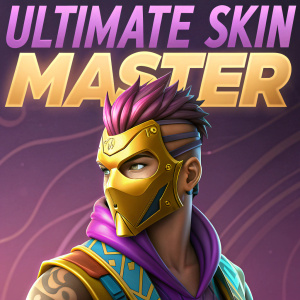 Fortnite character customization featuring golden mask and unique hairstyle. Text reads 'Ultimate Skin Master'. Vibrant colors purple, gold, and more