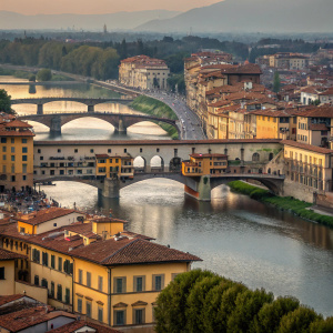 From an aerial perspective, the historic Ponte Vecchio stands majestically over the Arno River, surrounded by ancient buildings with traditional Italian roofs and walls in Florence, Italy.