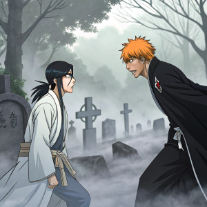 Anime-style illustration from Bleach. Ichigo and Uryu Ishida conversing in Japanese. Background features a spooky cemetery. Dynamic pose with motion lines.