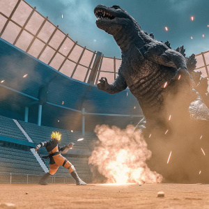 Naruto fighting with godzilla, in a stadium, dynamic pose, movie poster quality