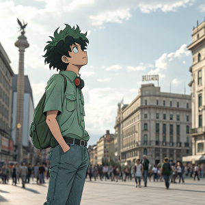 Deku from 'My Hero Academia', wearing a casual green shirt and jeans, standing alone in a bustling city square.