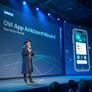Ovi App Wizard, a digital sorcerer, stands before a glowing portal. In German, he speaks of creation and promotion. The Nokia logo gleams, guiding the way to a realm of innovation.