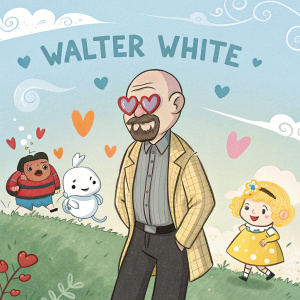 Walter White, bald, wearing heart-shaped glasses and goatee beard, standing in a whimsical animated landscape. Surrounded by playful cartoon characters and whimsical text in various languages including Arabic.