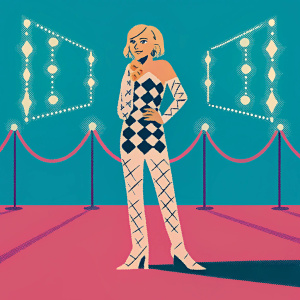 Miley Cyrus, blonde short hair, wearing a black and white checkered dress with lace details. Posing confidently at the Grammy Awards with a red carpet and flashing lights. Background features neon signs and advertisements.