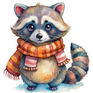 watercolor nursery clipart: kids clipart image of cute raccoon children's picture book character wearing a scarf, cold autumn day, isolated on solid white background, in the style of Briony May Smith, hand drawing + watercolor, kids book characters, charming and soft,