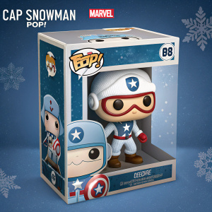Cap Snowman Pop! vinyl figure packaging. Blue box with clear window showcasing Captain America character. Marvel branding and warning labels. Cartoony design and attention-grabbing text.