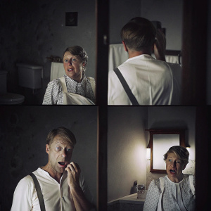 A series of black and white comic strips depicting a comedic and somber bathroom scene from ShowProject. Each panel features exaggerated facial expressions and actions of the characters, arranged in a grid format to illustrate the progression of the story.