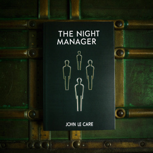 Book cover for 'The Night Manager' by John Le Carre. Dark navy background with sleek metallic shapes and human forms in intricate poses. Title 'The Night Manager' in bold, glowing white text. Futuristic and minimalist design.