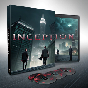 The Inception movie DVD box set. Sleek design with the title 'Inception' in bold letters. Dark, moody feel. Urban architecture background. Booklet included.