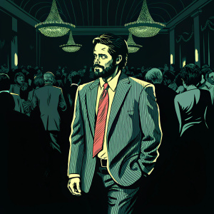 Henry Cavill, bearded and in a gray pinstripe suit with a red tie, mingling at a gala event. Diverse crowd in formal attire, indoor setting