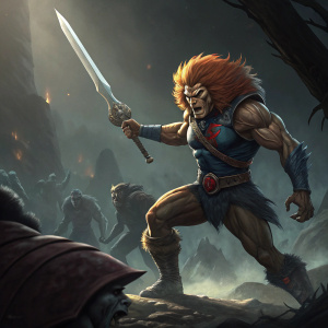 Lion-O, the fierce character, in a dynamic action pose. Dark and ominous environment, surrounded by enemies.