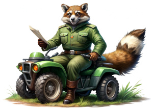 a raccoon in a military uniform, a dark green pixel uniform, sitting on an ATV, and holding business papers in his hand above his head