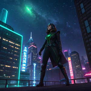 Digital art of a woman embodying Rita Repulsa from Power Rangers. She stands on a neon-lit cityscape at night.