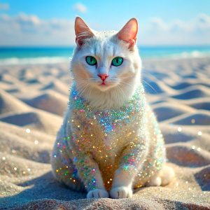  on a cat
 Sequined Metal  Diamond Aesthetic  sparkle ultra bright surreal white glitter Bedazzled Glowing magic cat in the beach masterpiece  dreamland  PRISM Effect  ultra intense crystal effect ultra glitter Photoshop Photo Manipulations    Dreamscape  Holographic liquid Patent Spandex Vinyl    very much glitter sparkly fantasized glam Sprinkle Shimmering  fairytale masterpiece  Magi