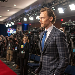 Tom Hiddleston, dapper in a classic plaid suit and blue silk tie, at a press conference for Marvel Studios. Rows of cameras and journalists in the background.