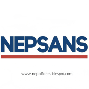 An innovative logo for NepSans, a Devanagari font designed by Ananda K. Maharjan. The bold blue graphic reads 'NEPSANS' alongside the website www.nepalifonts.blogspot.com