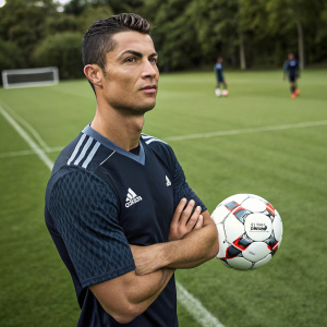 Cristiano Ronaldo, wearing Nike Hypervenom Phelon II FG soccer cleats and Adidas jersey, posing confidently with a soccer ball on a green pitch.
