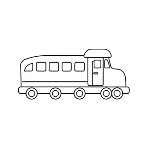 Create a black and white line drawing of locomotive with a few cars, including windows and wheels. The overall design should be clean and minimalistic, with bold, clear lines outlining the jar and its features.