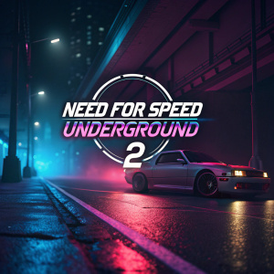 Digital illustration featuring the 'Need for Speed: Underground 2' logo. Dark, neon-lit street background.