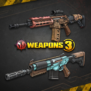 Illustration of Borderlands 3 arsenal, weapons arrayed with gritty, detailed textures. Dark background, 'WEAPONS' logo prominent