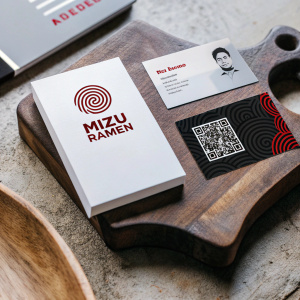 Branding package for 'Mizu Ramen', featuring sleek logo, QR code linking to menu, professional headshot of chef, business cards. Modern, edgy aesthetic with bold red and black palette. Created using Adobe Illustrator and Photoshop.