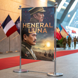 Promotional photo of 'Heneral Luna' movie poster. Displayed on a sleek glass stand with a metal pole. Vibrant background with military theme.
