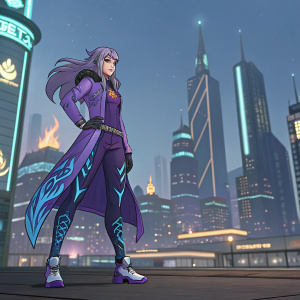 Brighid from Xenoblade Chronicles 2, standing in a futuristic cityscape. Her purple attire with flame-like blue accents, feminine appearance